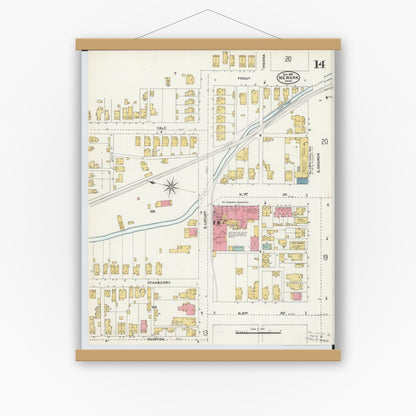 Old map wall art mockup — magnetic wood frame on white wall — Sanborn Fire Insurance Map from Newark, Licking County, Ohio (1905), Sheet #0014
