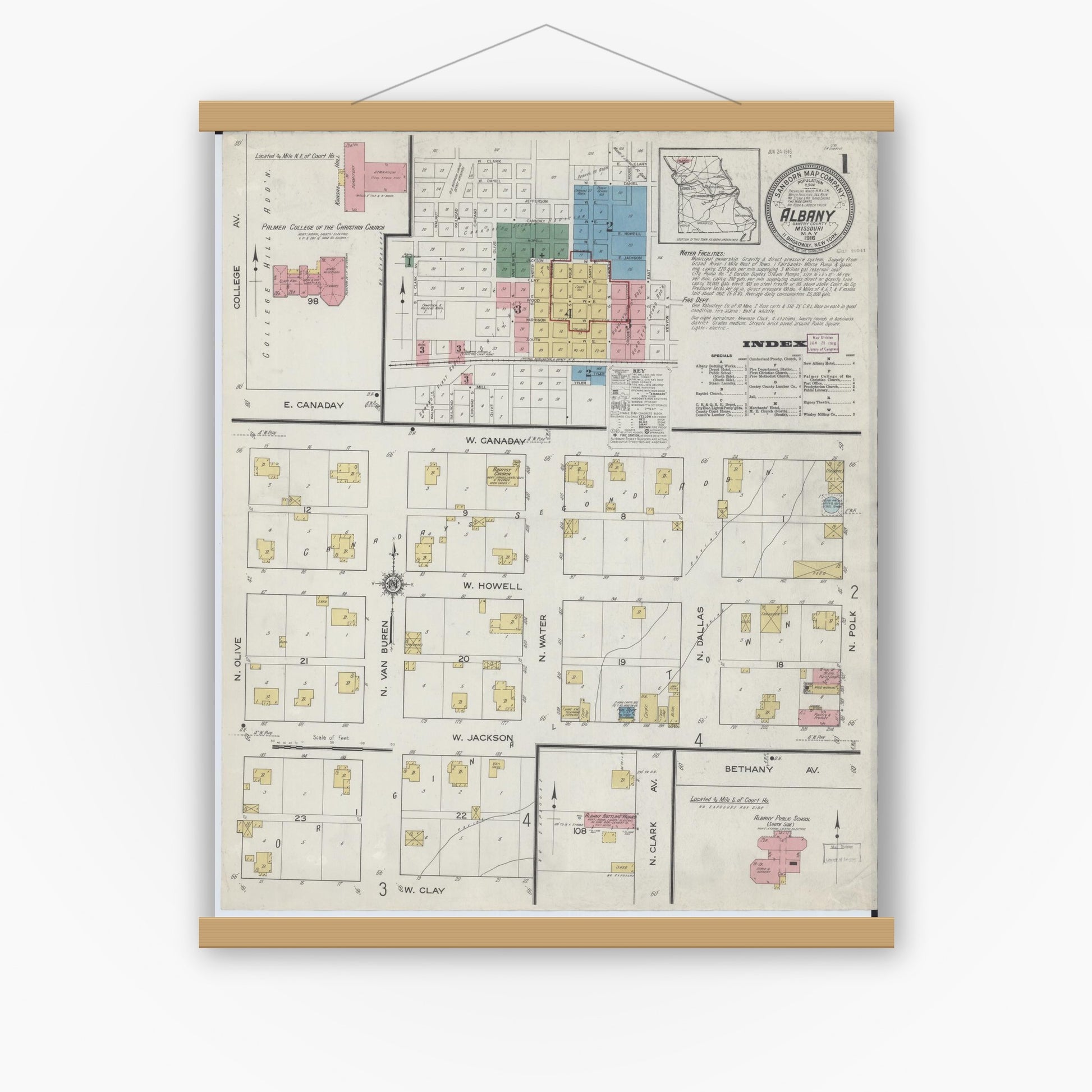 Old map wall art mockup — magnetic wood frame on white wall — Sanborn Fire Insurance Map from Albany, Gentry County, Missouri (1916) - Complete Map Set