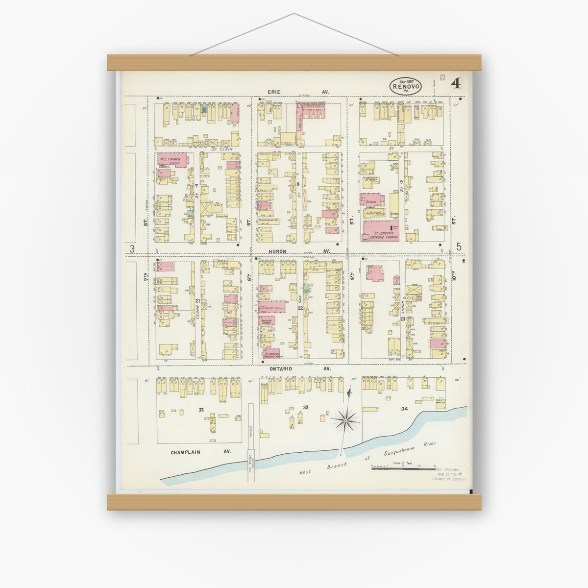 Old map wall art mockup — magnetic wood frame on white wall — Sanborn Fire Insurance Map from Renovo, Clinton County, Pennsylvania (1897), Sheet #0004