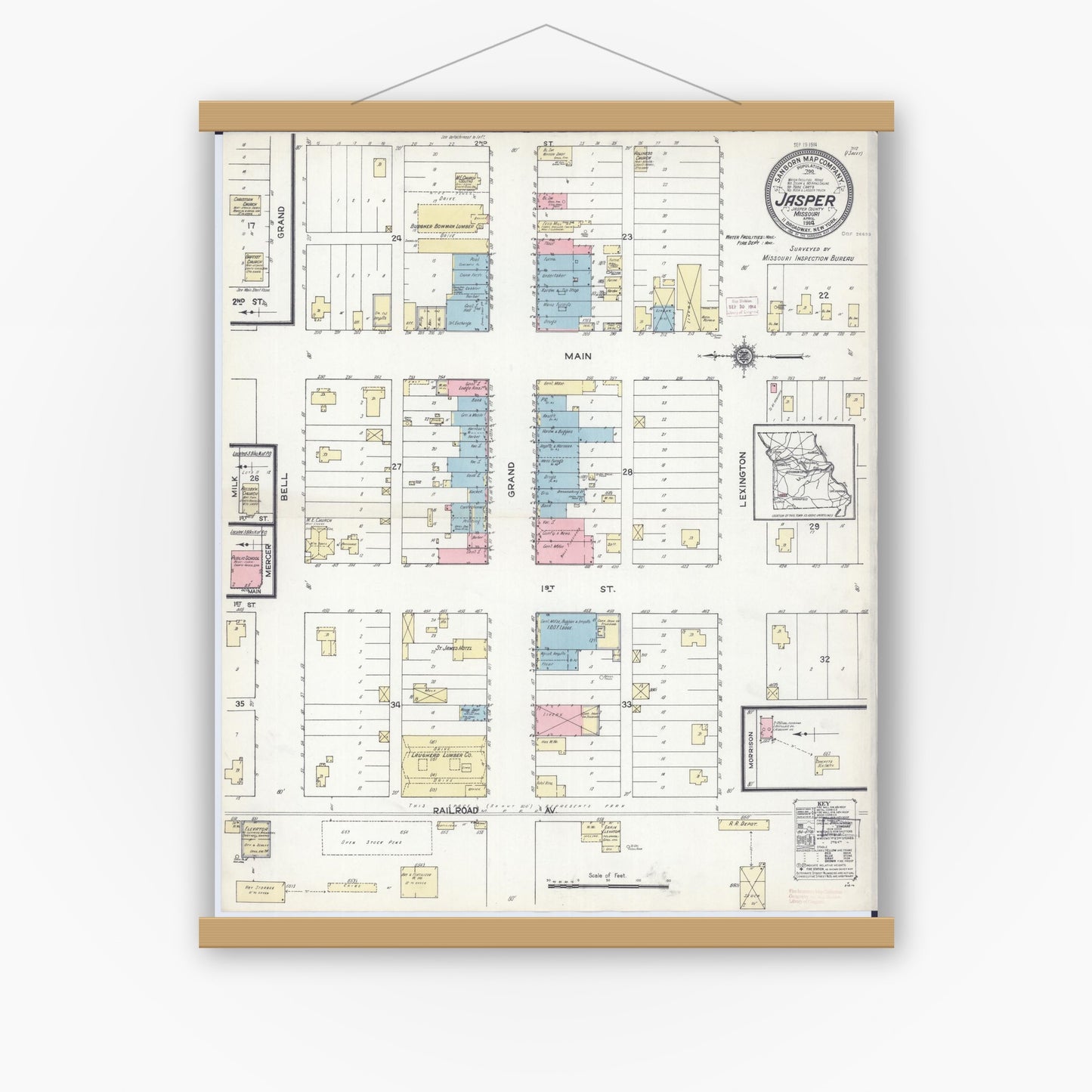 Old map wall art mockup — magnetic wood frame on white wall — Sanborn Fire Insurance Map from Jasper, Jasper County, Missouri (1914), Sheet #0001