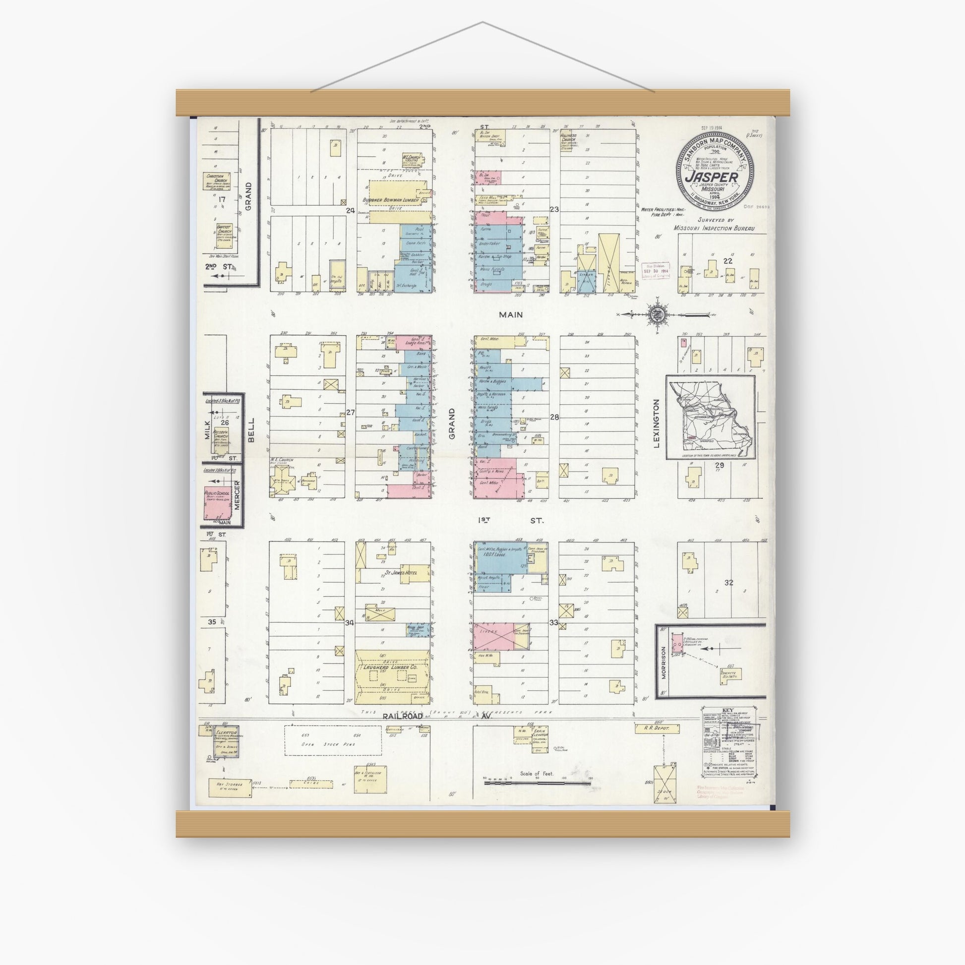 Old map wall art mockup — magnetic wood frame on white wall — Sanborn Fire Insurance Map from Jasper, Jasper County, Missouri (1914), Sheet #0001