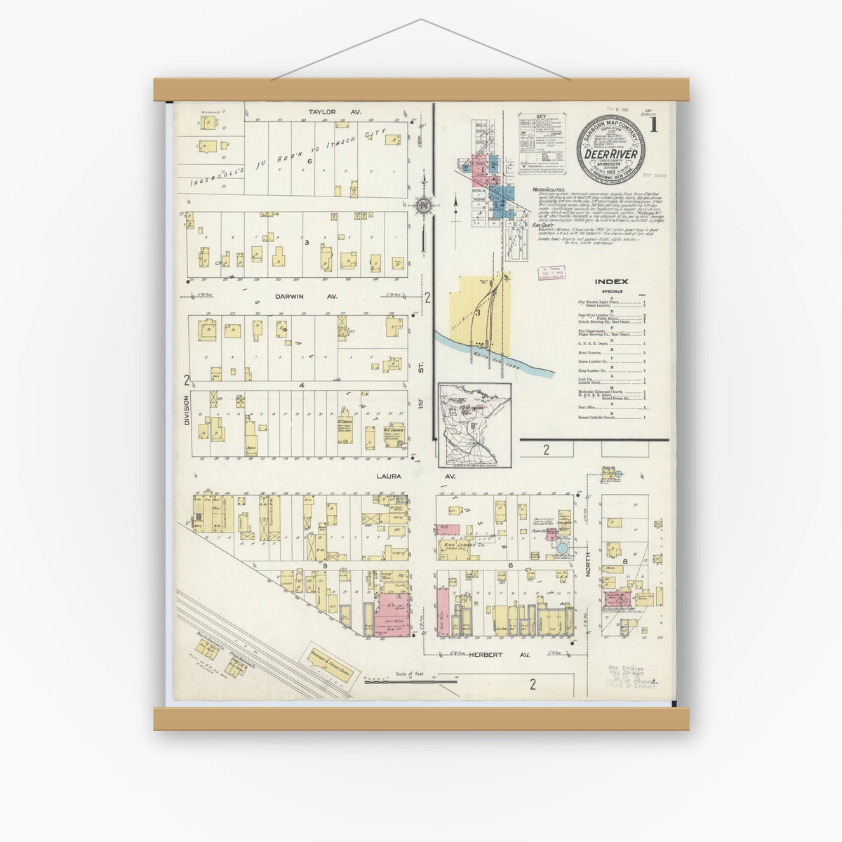 Old map wall art mockup — magnetic wood frame on white wall — Sanborn Fire Insurance Map from Deer River, Itasca County, Minnesota (1913), Sheet #0001