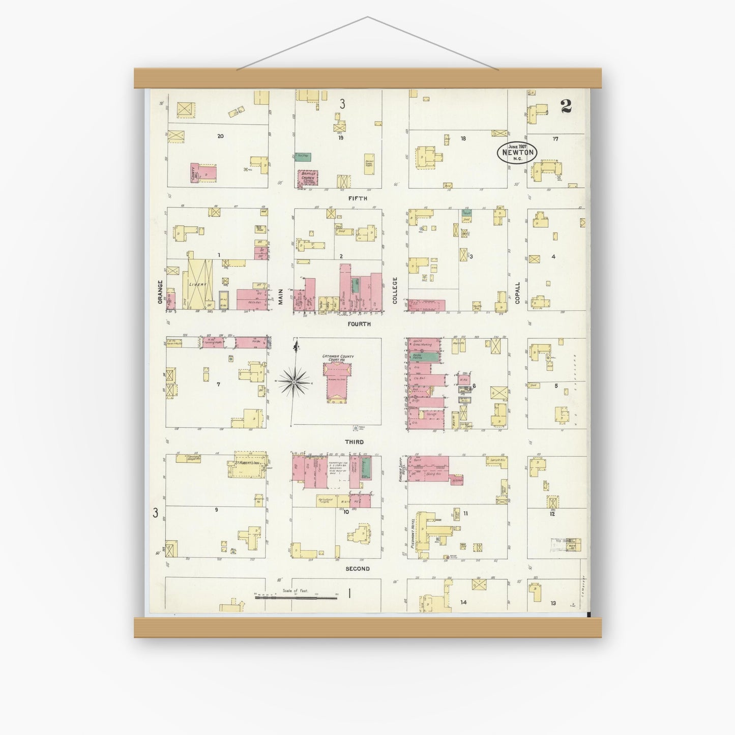 Old map wall art mockup — magnetic wood frame on white wall — Sanborn Fire Insurance Map from Newton, Catawba County, North Carolina (1907), Sheet #0002