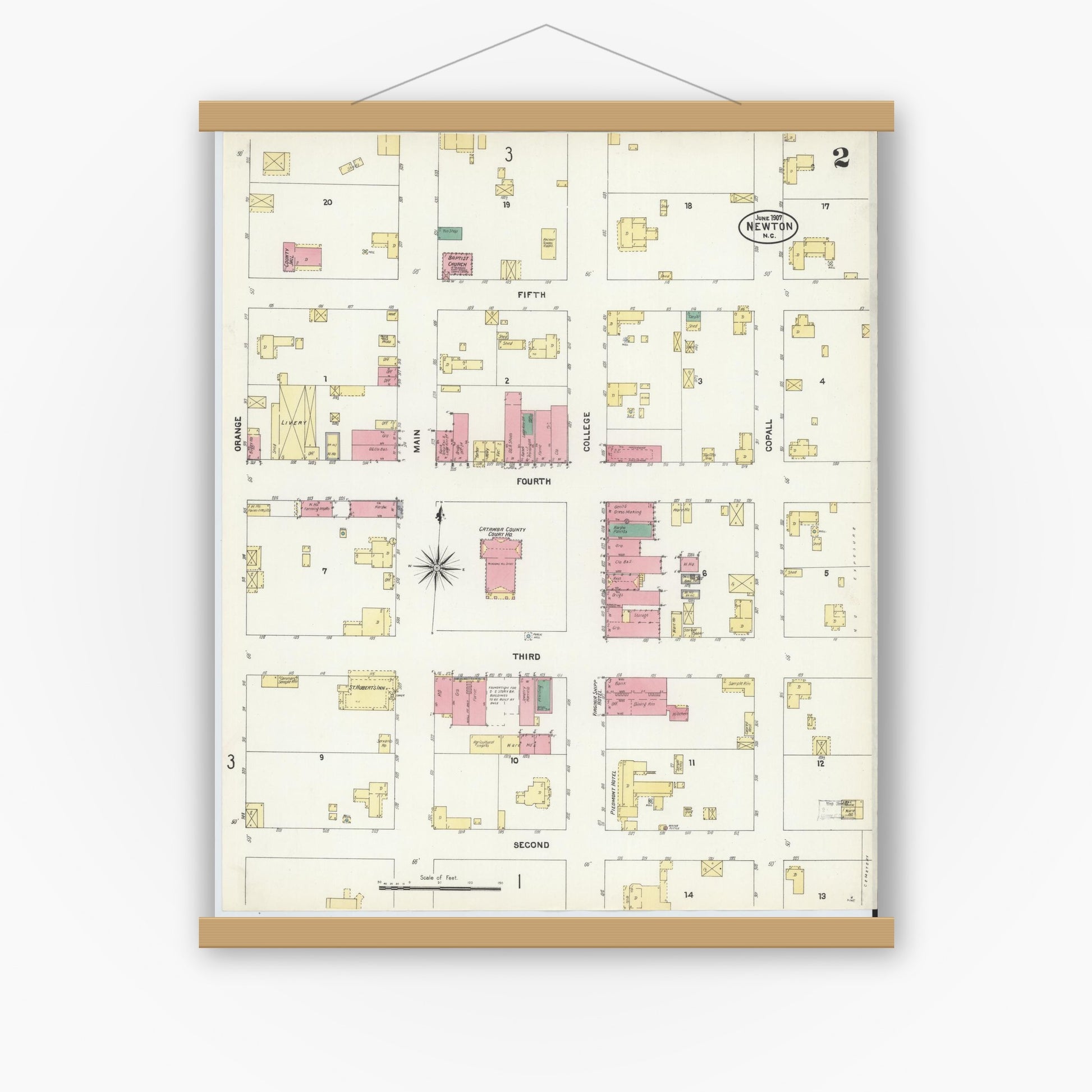 Old map wall art mockup — magnetic wood frame on white wall — Sanborn Fire Insurance Map from Newton, Catawba County, North Carolina (1907), Sheet #0002