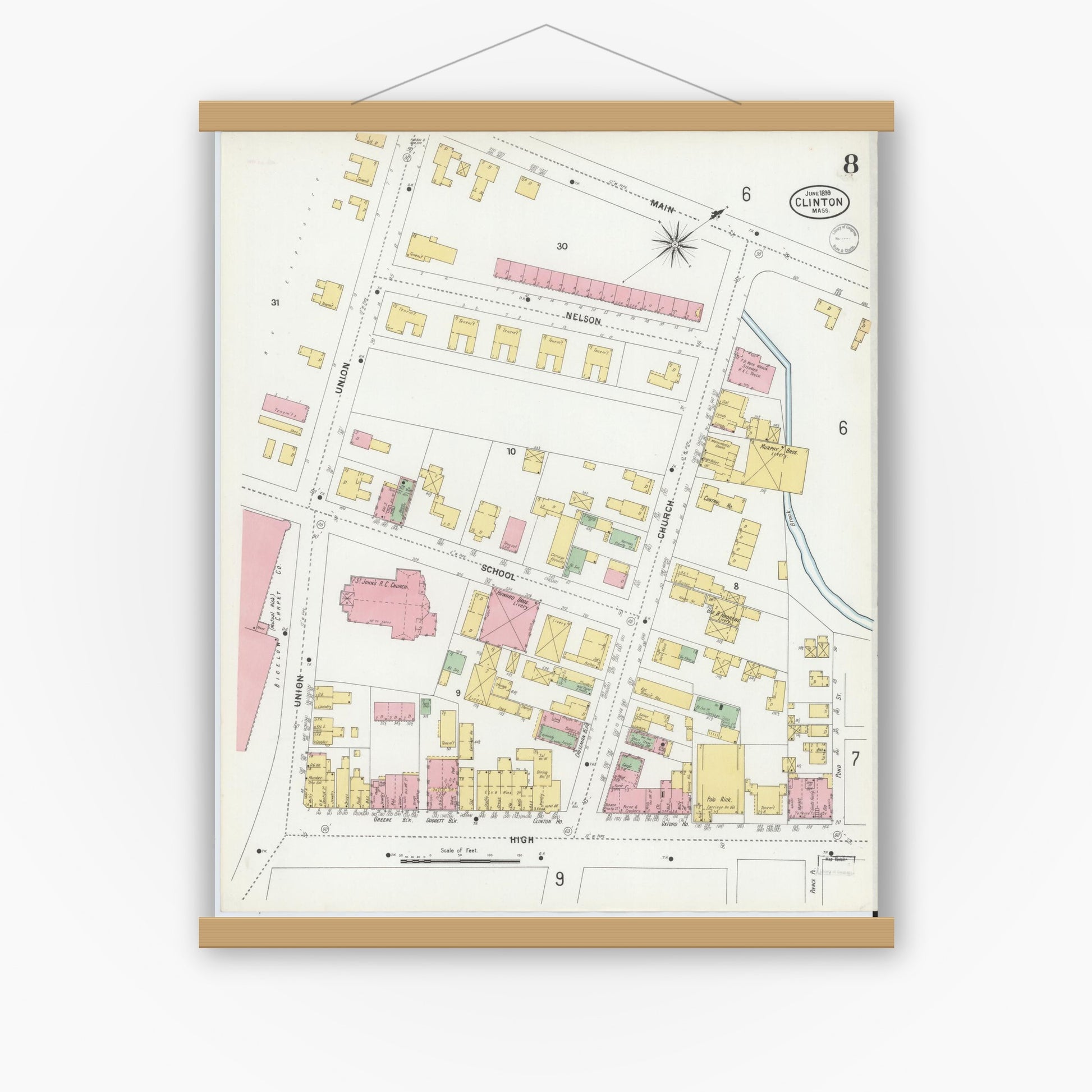 Old map wall art mockup — magnetic wood frame on white wall — Sanborn Fire Insurance Map from Clinton, Worcester County, Massachusetts (1899), Sheet #0008