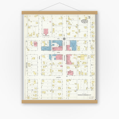 Old map wall art mockup — magnetic wood frame on white wall — Sanborn Fire Insurance Map from Ossian, Wells County, Indiana (1912), Sheet #0002