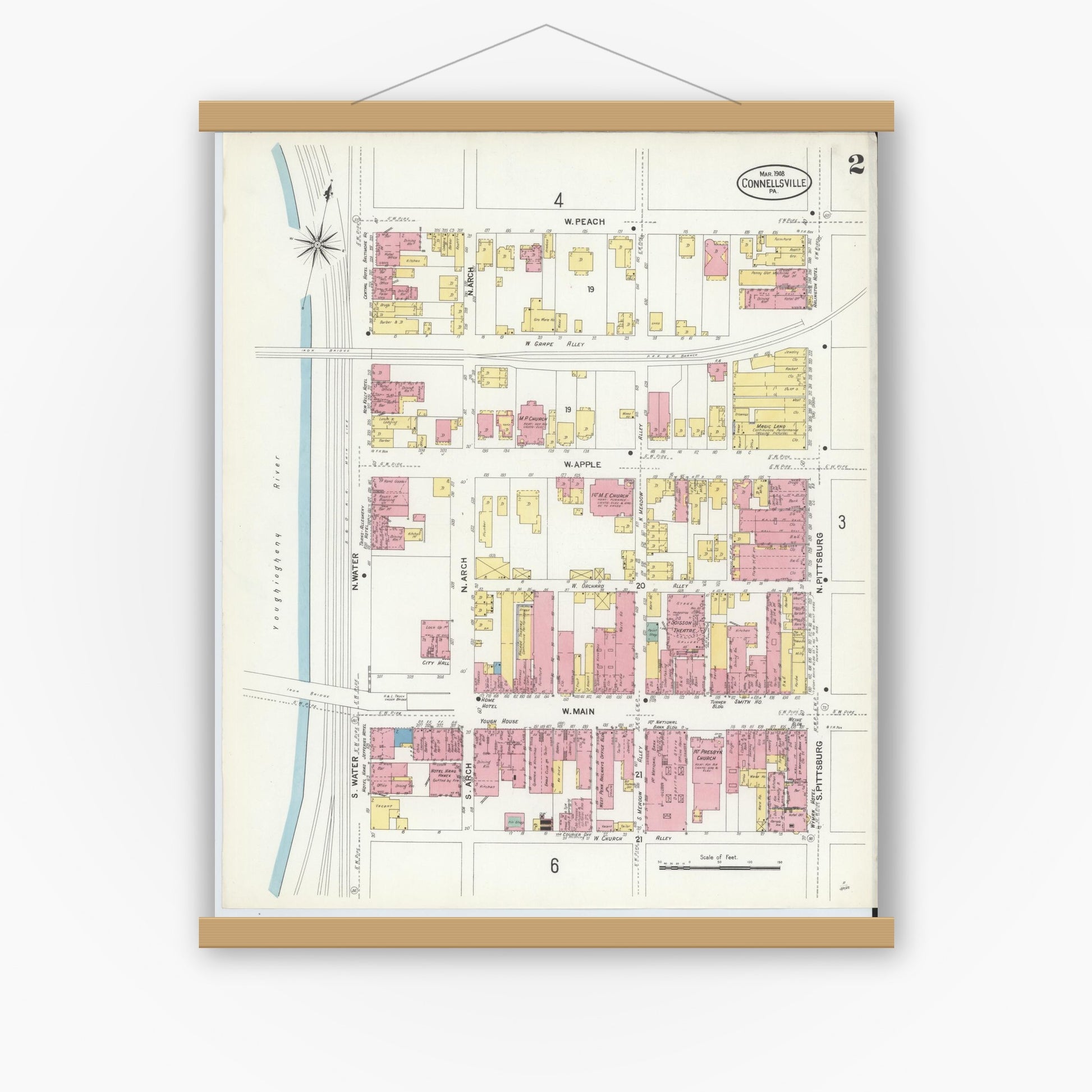 Old map wall art mockup — magnetic wood frame on white wall — Sanborn Fire Insurance Map from Connellsville, Fayette County, Pennsylvania (1908), Sheet #0002