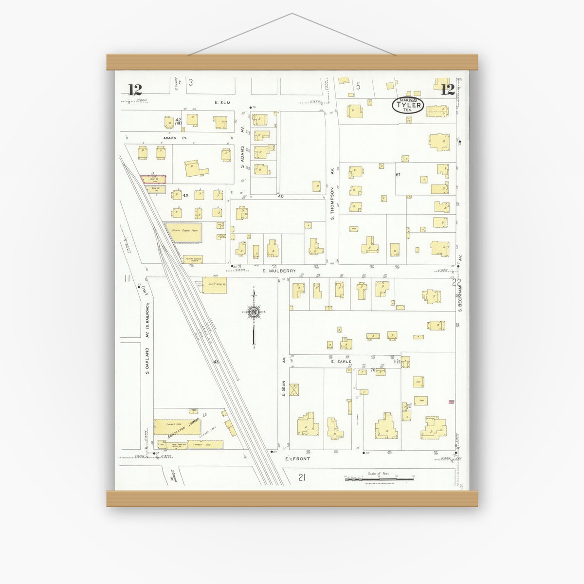 Old map wall art mockup — magnetic wood frame on white wall — Sanborn Fire Insurance Map from Tyler, Smith County, Texas (1928), Sheet #0012