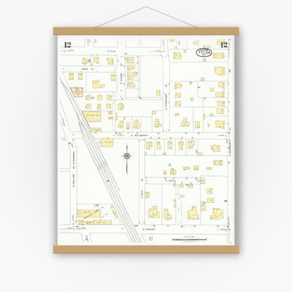 Old map wall art mockup — magnetic wood frame on white wall — Sanborn Fire Insurance Map from Tyler, Smith County, Texas (1928), Sheet #0012