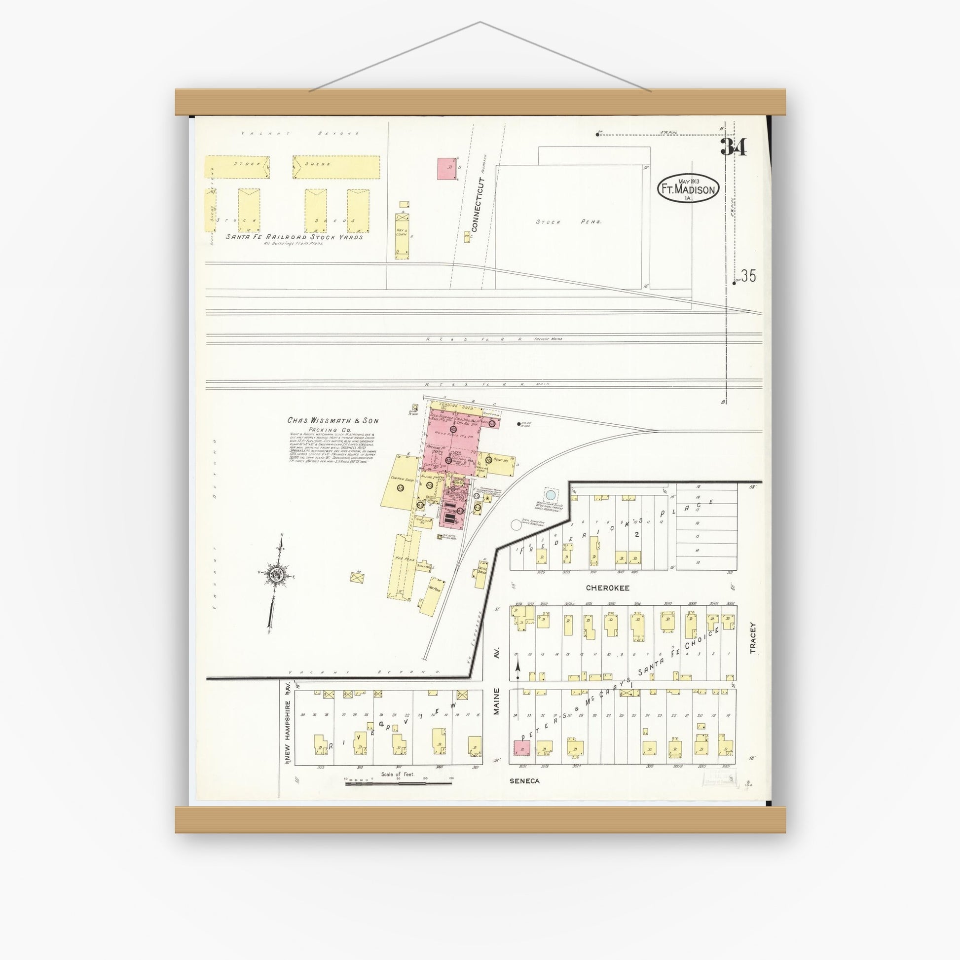 Old map wall art mockup — magnetic wood frame on white wall — Sanborn Fire Insurance Map from Fort Madison, Lee County, Iowa (1913), Sheet #0034