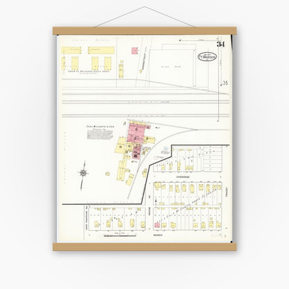 Old map wall art mockup — magnetic wood frame on white wall — Sanborn Fire Insurance Map from Fort Madison, Lee County, Iowa (1913), Sheet #0034