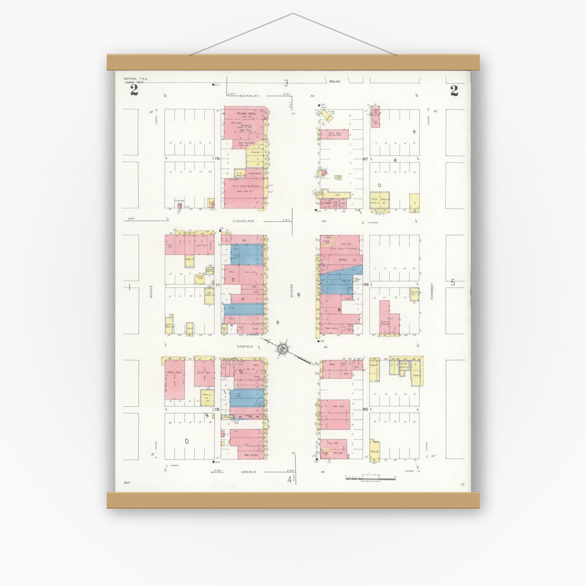 Old map wall art mockup — magnetic wood frame on white wall — Sanborn Fire Insurance Map from Rotan, Fisher County, Texas (1933), Sheet #0002