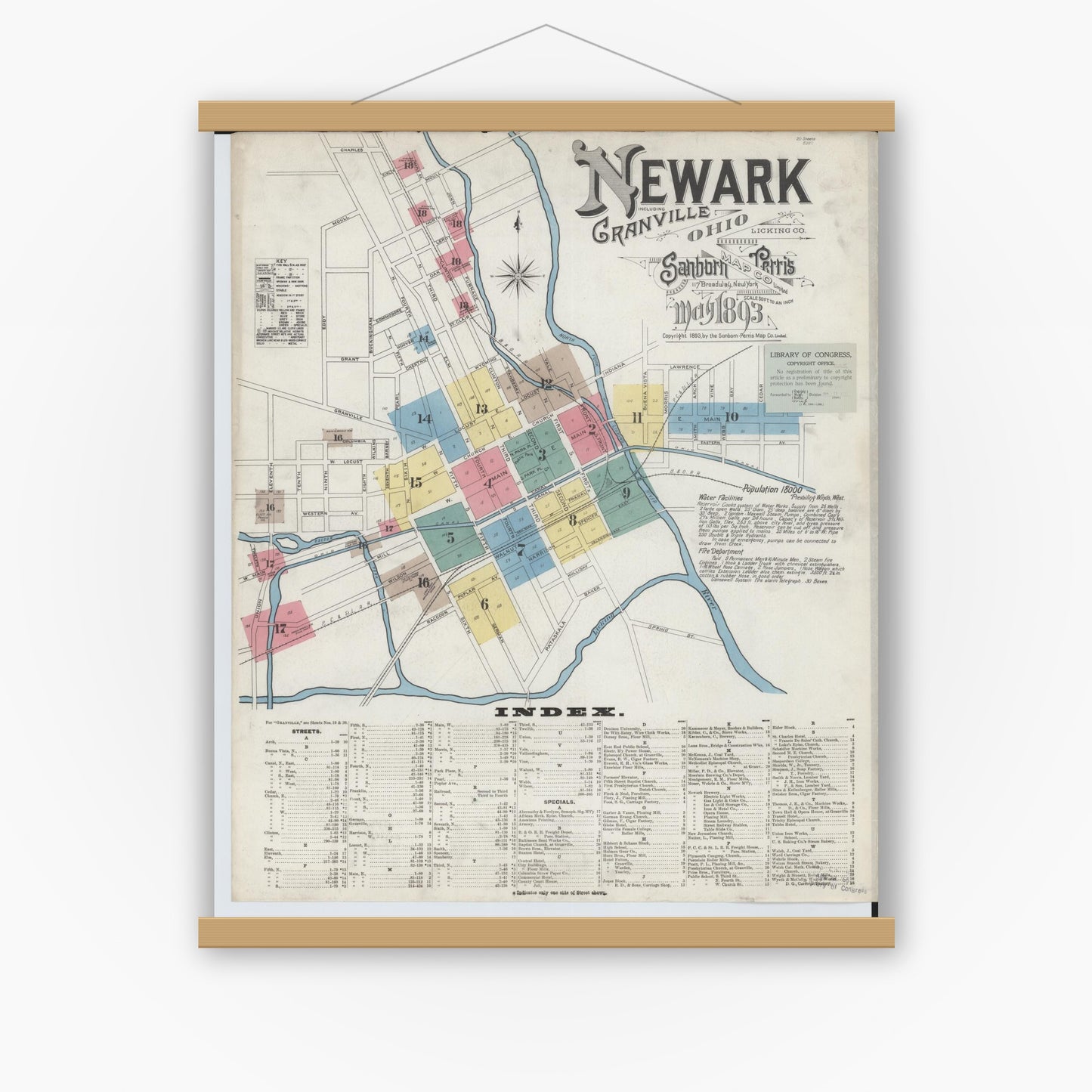 Old map wall art mockup — magnetic wood frame on white wall — Sanborn Fire Insurance Map from Newark, Licking County, Ohio (1893) - Complete Map Set