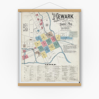 Old map wall art mockup — magnetic wood frame on white wall — Sanborn Fire Insurance Map from Newark, Licking County, Ohio (1893) - Complete Map Set