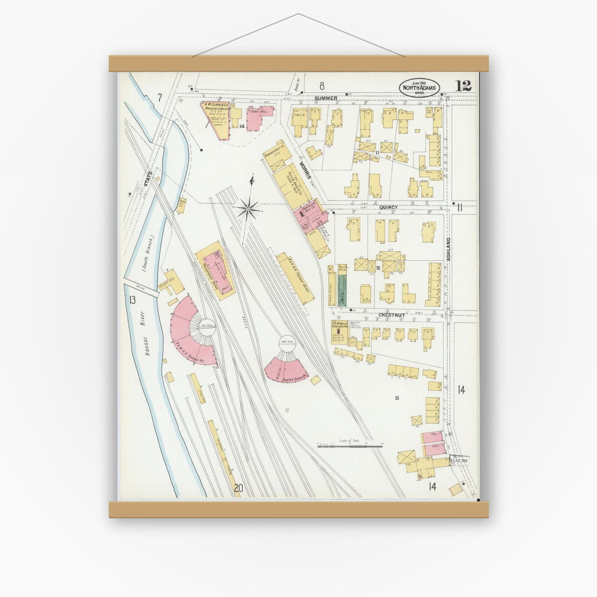 Old map wall art mockup — magnetic wood frame on white wall — Sanborn Fire Insurance Map from North Adams, Berkshire County, Massachusetts (1901), Sheet #0012