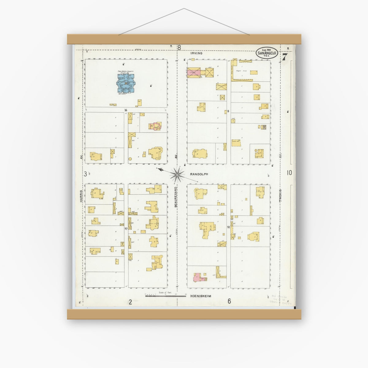 Old map wall art mockup — magnetic wood frame on white wall — Sanborn Fire Insurance Map from San Angelo, Tom Green County, Texas (1904), Sheet #0007