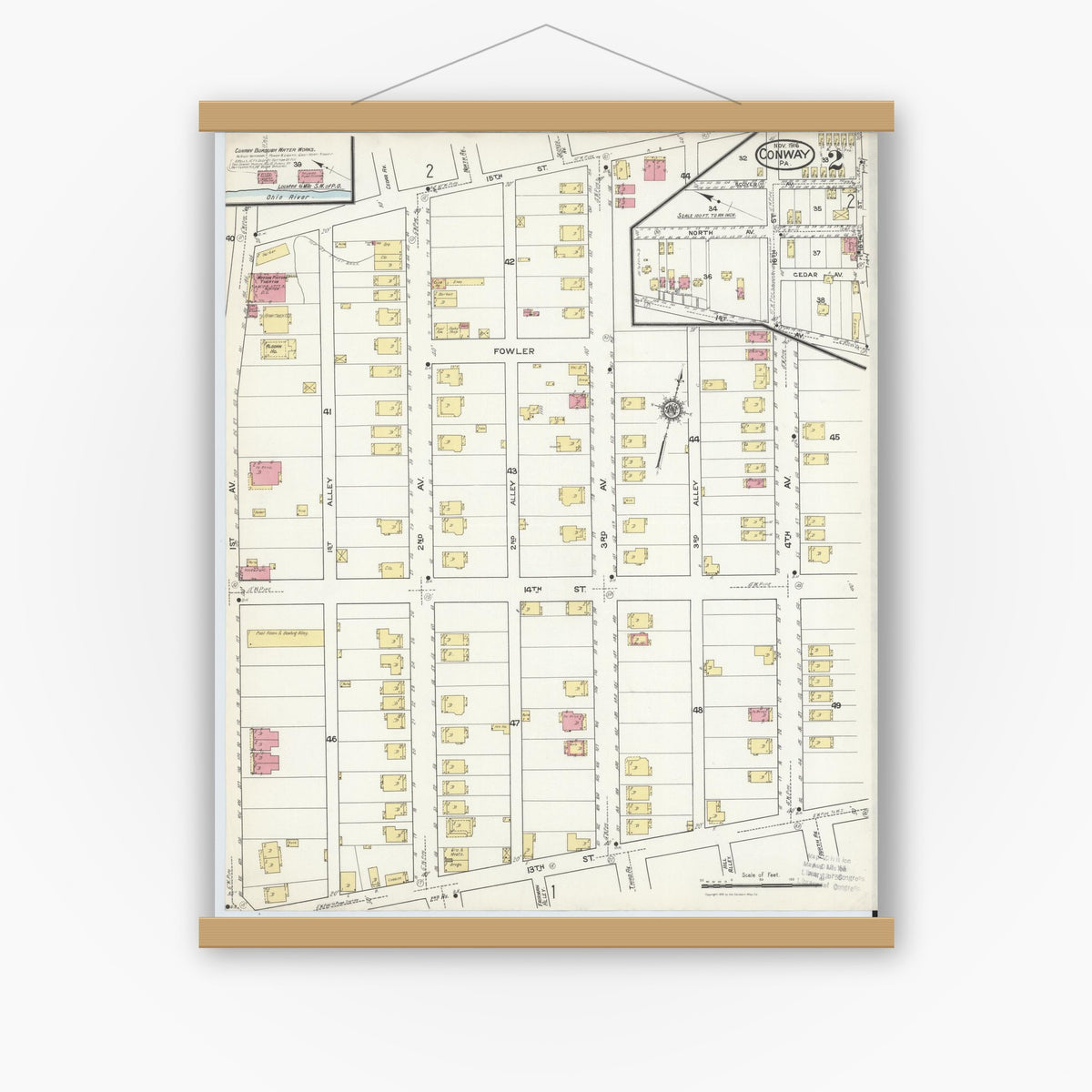 Old map wall art mockup — magnetic wood frame on white wall — Sanborn Fire Insurance Map from Conway, Beaver County, Pennsylvania (1916), Sheet #0002