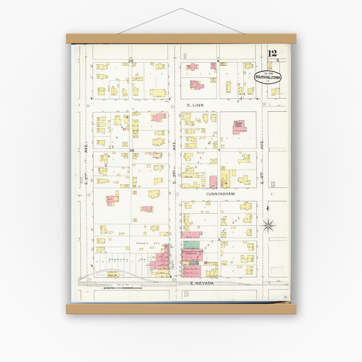 Old map wall art mockup — magnetic wood frame on white wall — Sanborn Fire Insurance Map from Marshalltown, Marshall County, Iowa (1894), Sheet #0012