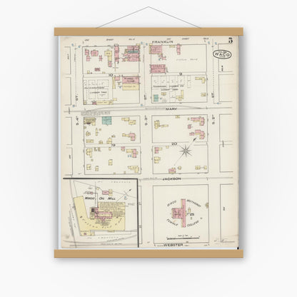 Old map wall art mockup — magnetic wood frame on white wall — Sanborn Fire Insurance Map from Waco, McLennan County, Texas (1885), Sheet #0005