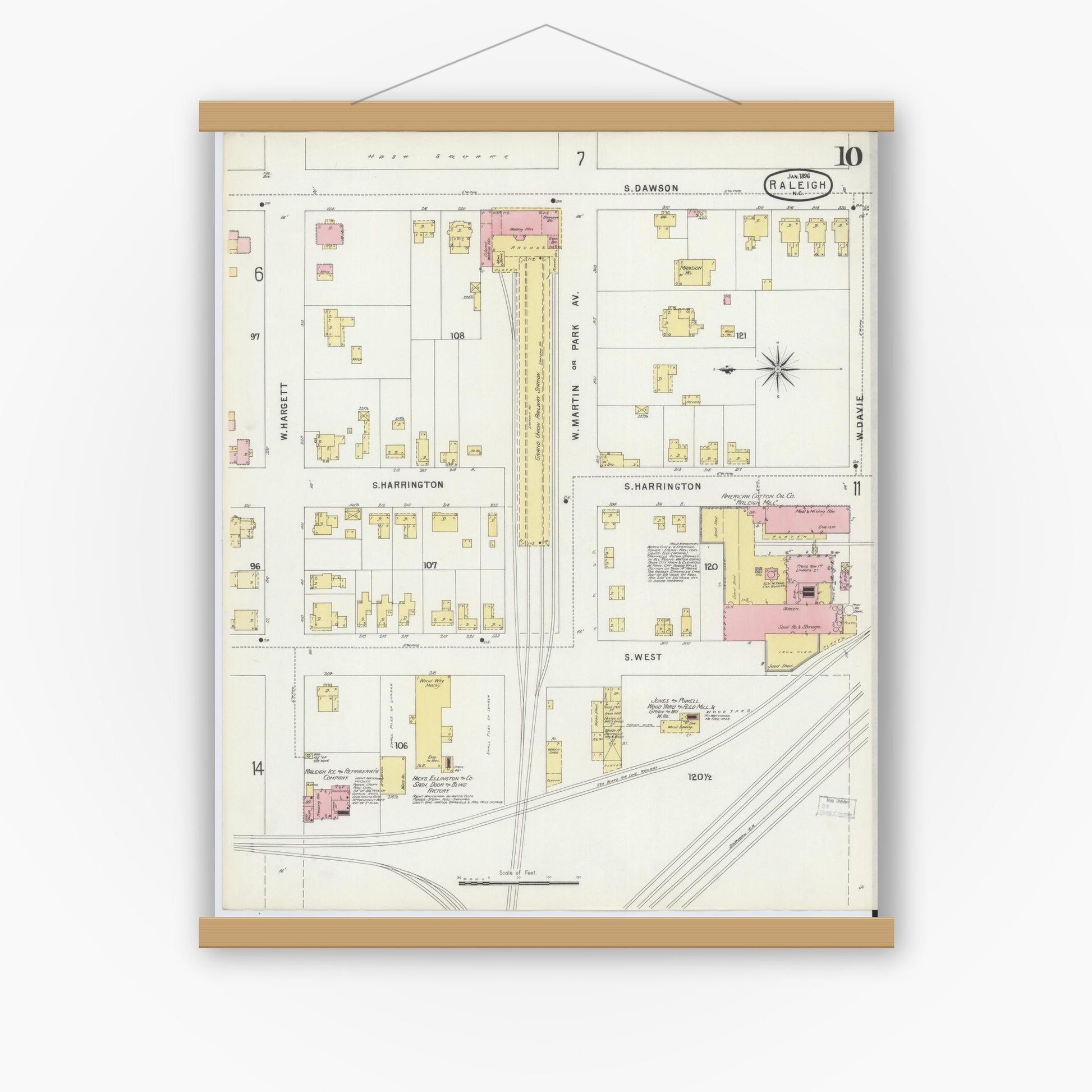 Old map wall art mockup — magnetic wood frame on white wall — Sanborn Fire Insurance Map from Raleigh, Wake County, North Carolina (1896), Sheet #0010