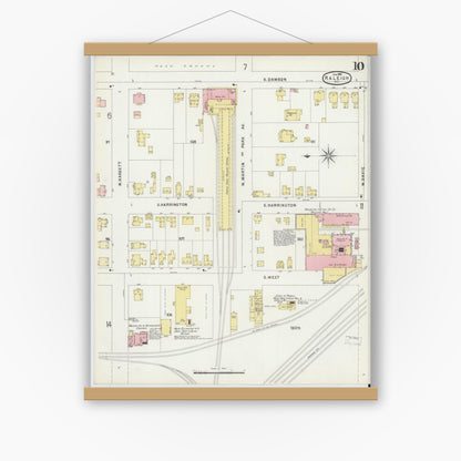 Old map wall art mockup — magnetic wood frame on white wall — Sanborn Fire Insurance Map from Raleigh, Wake County, North Carolina (1896), Sheet #0010