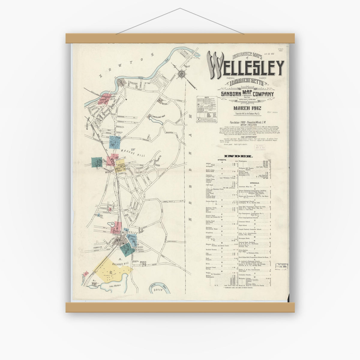 Old map wall art mockup — magnetic wood frame on white wall — Sanborn Fire Insurance Map from Wellesley, Norfolk County, Massachusetts (1912), Sheet #0001