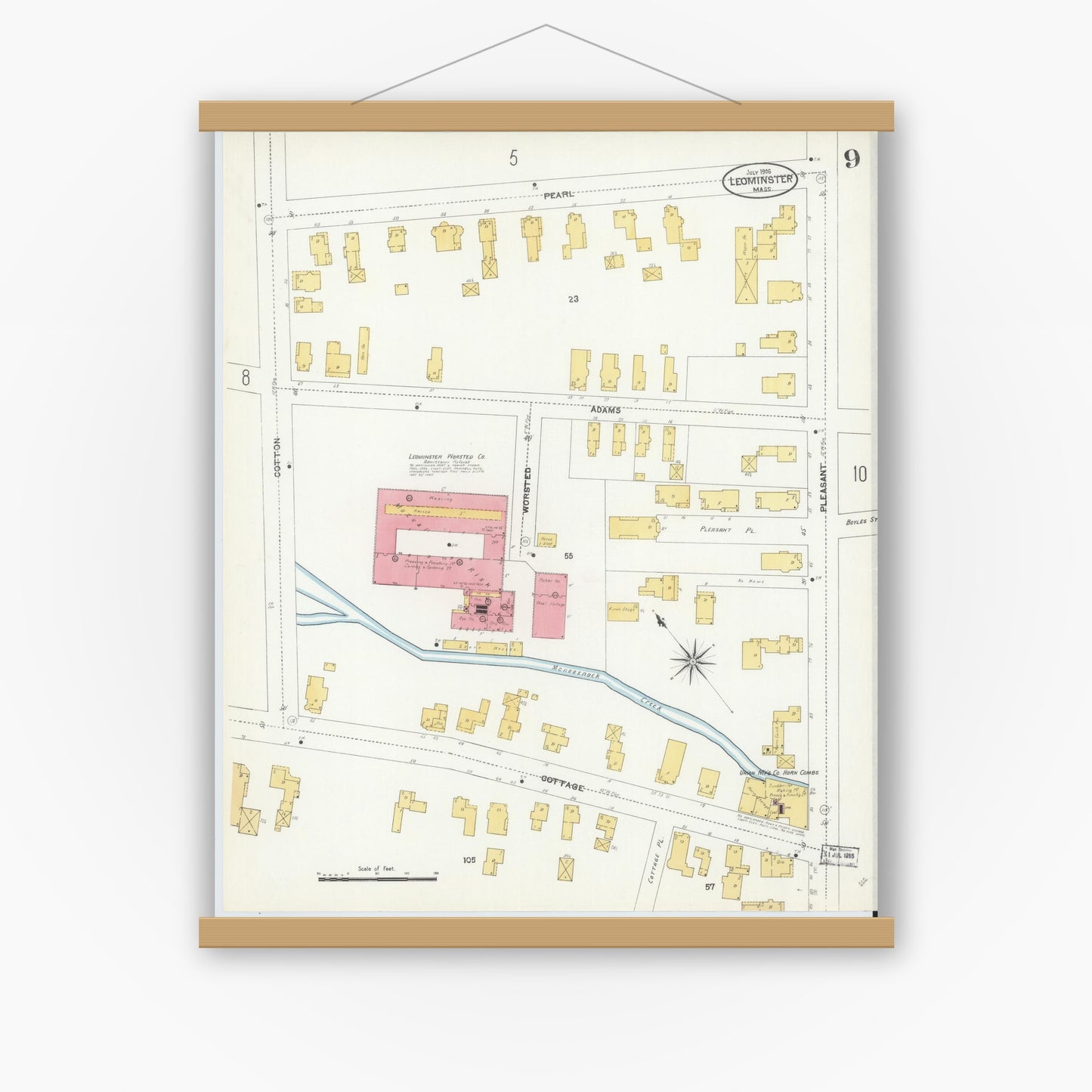 Old map wall art mockup — magnetic wood frame on white wall — Sanborn Fire Insurance Map from Leominster, Worcester County, Massachusetts (1906), Sheet #0009