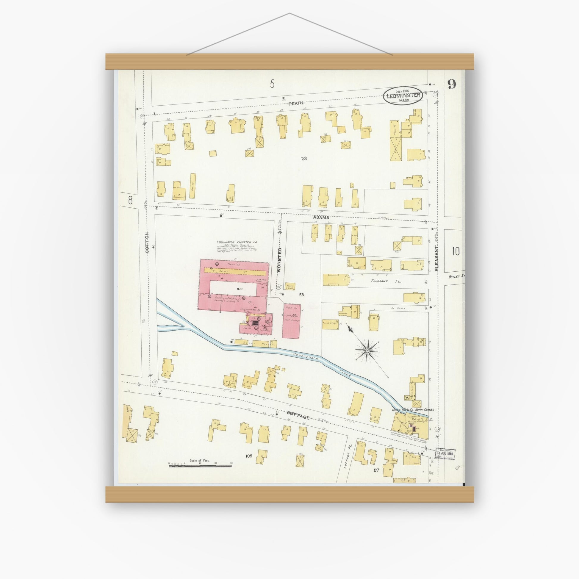 Old map wall art mockup — magnetic wood frame on white wall — Sanborn Fire Insurance Map from Leominster, Worcester County, Massachusetts (1906), Sheet #0009