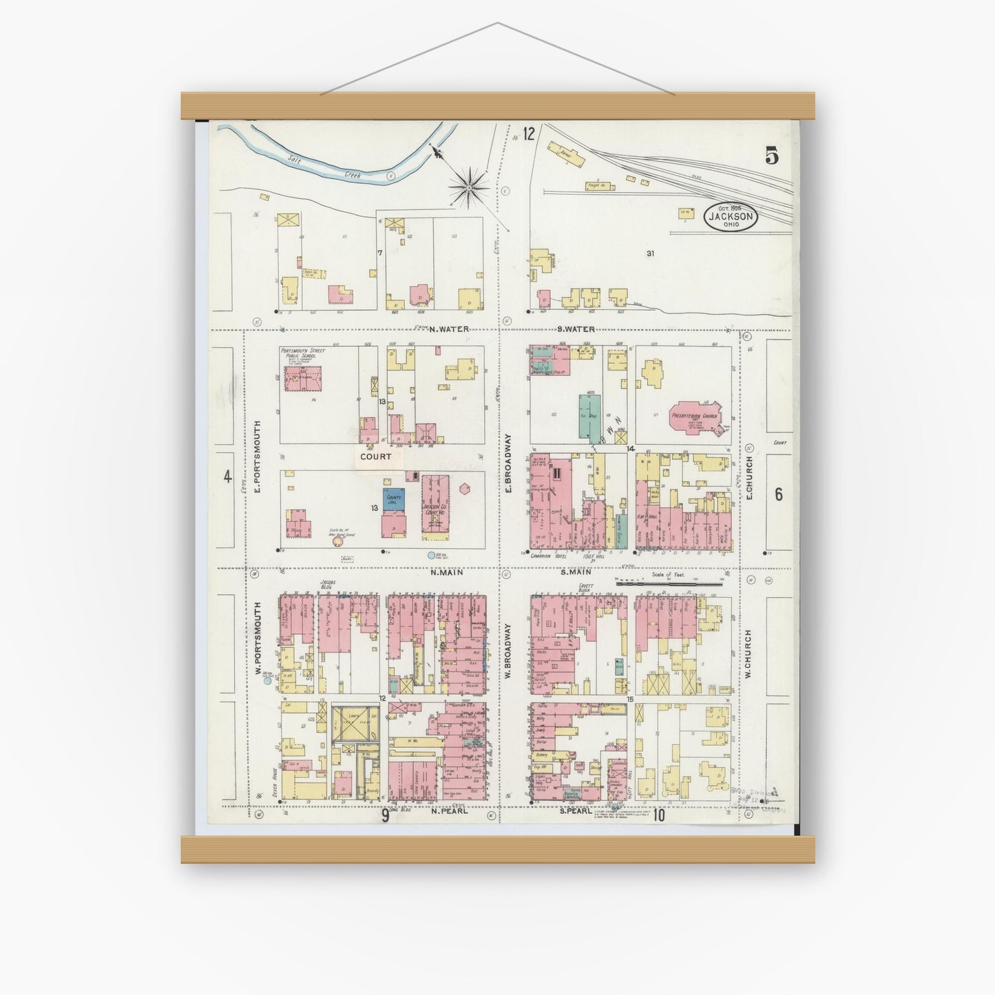 Old map wall art mockup — magnetic wood frame on white wall — Sanborn Fire Insurance Map from Jackson, Jackson County, Ohio (1905), Sheet #0005
