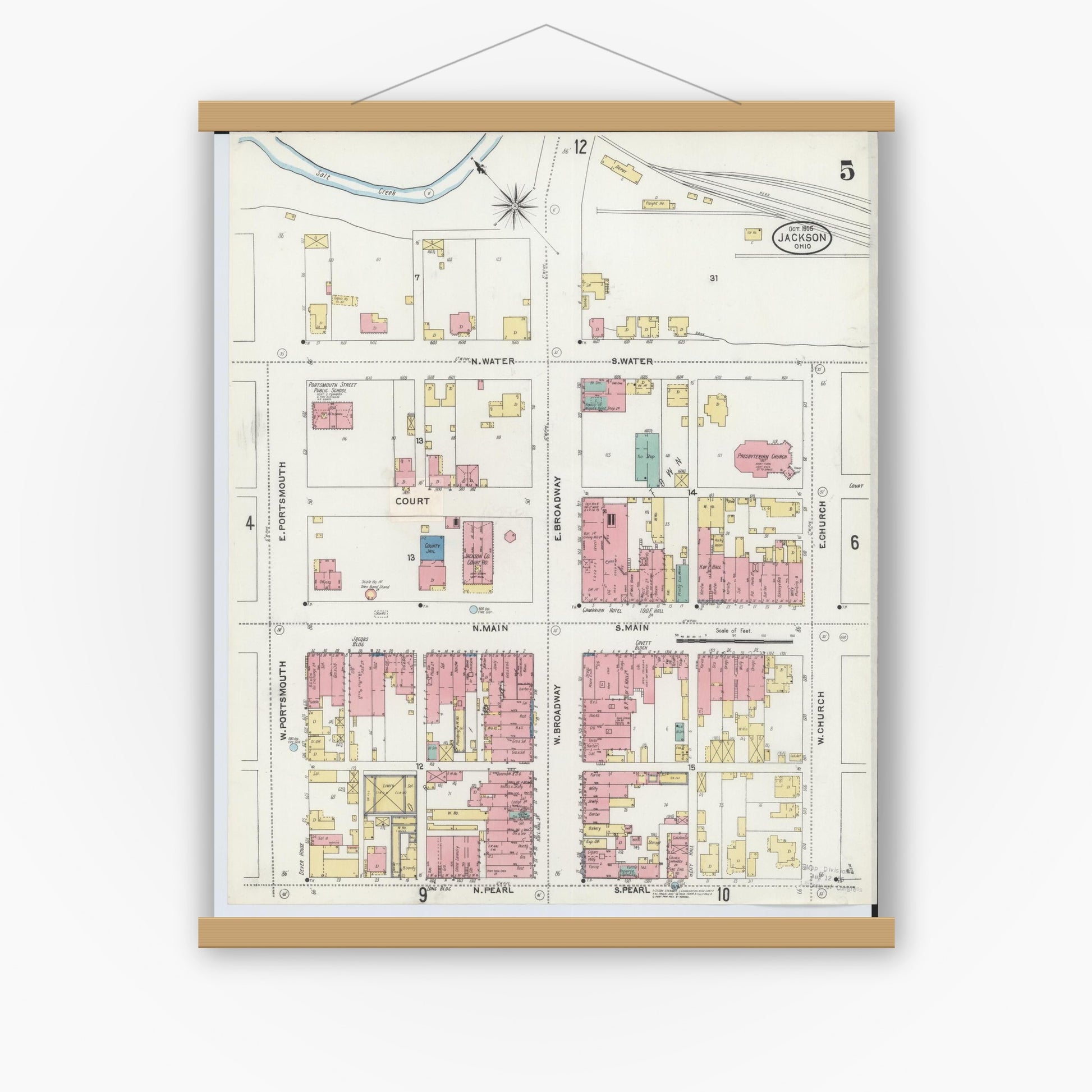 Old map wall art mockup — magnetic wood frame on white wall — Sanborn Fire Insurance Map from Jackson, Jackson County, Ohio (1905), Sheet #0005