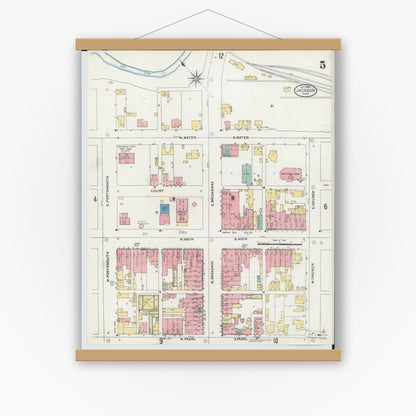 Old map wall art mockup — magnetic wood frame on white wall — Sanborn Fire Insurance Map from Jackson, Jackson County, Ohio (1905), Sheet #0005