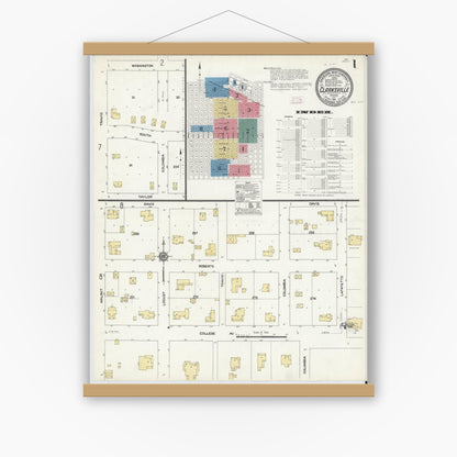 Old map wall art mockup — magnetic wood frame on white wall — Sanborn Fire Insurance Map from Clarksville, Red River County, Texas (1911), Sheet #0001
