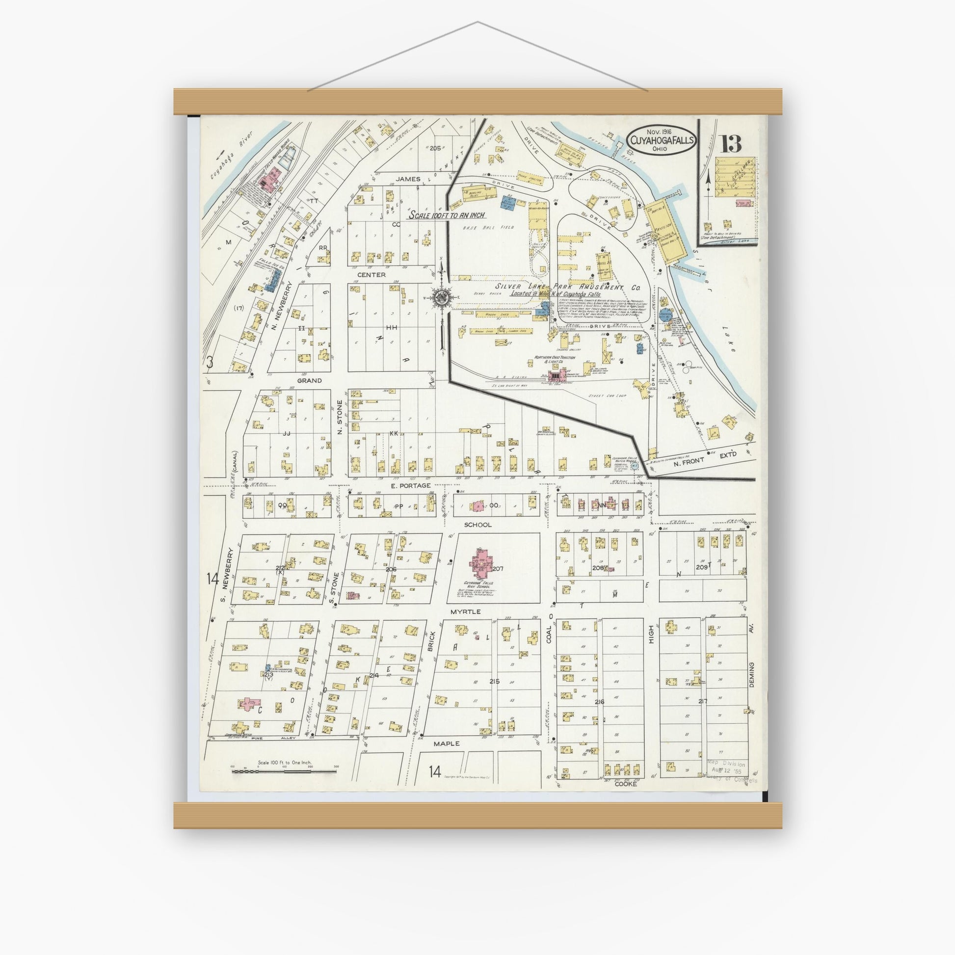 Old map wall art mockup — magnetic wood frame on white wall — Sanborn Fire Insurance Map from Cuyahoga Falls, Summit County, Ohio (1916), Sheet #0013