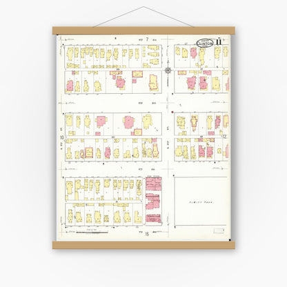 Old map wall art mockup — magnetic wood frame on white wall — Sanborn Fire Insurance Map from Clinton, Clinton County, Iowa (1917), Sheet #0011