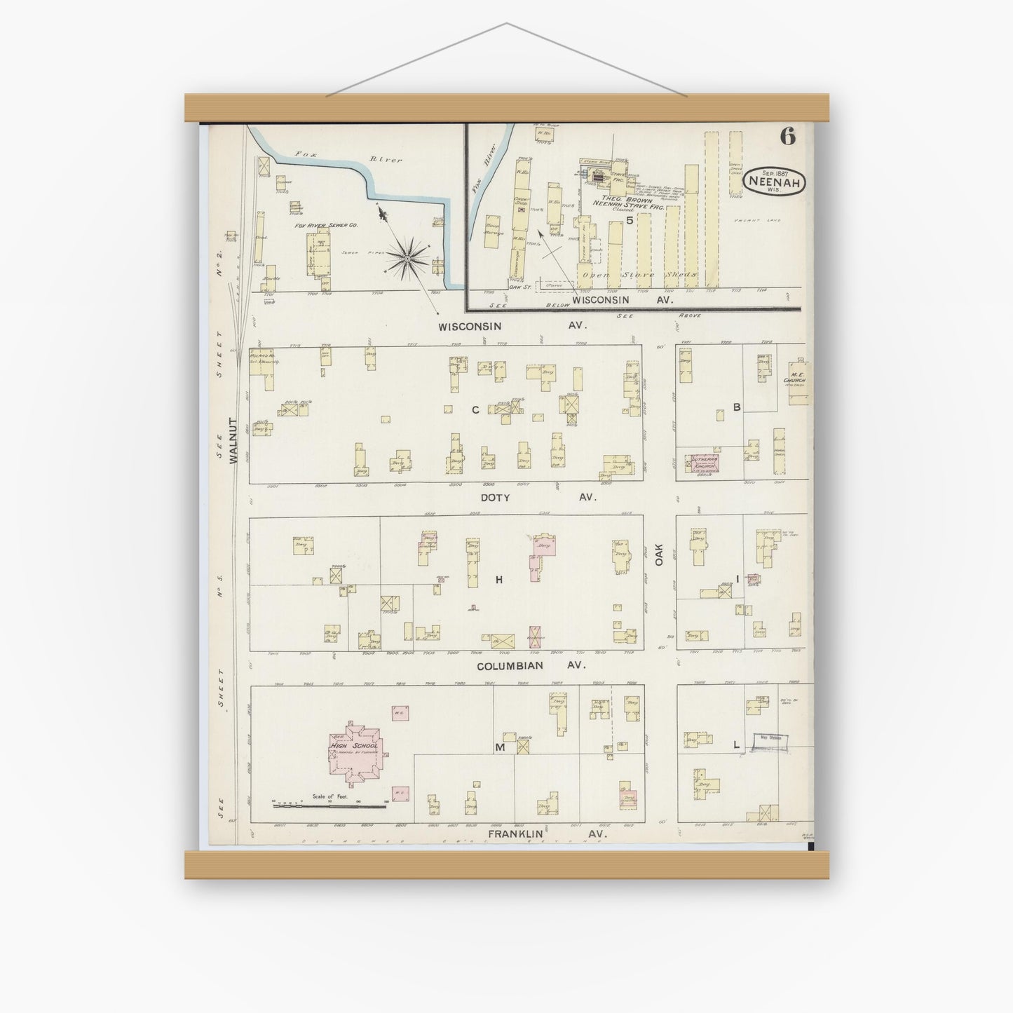 Old map wall art mockup — magnetic wood frame on white wall — Sanborn Fire Insurance Map from Neenah, Winnebago County, Wisconsin (1887), Sheet #0006