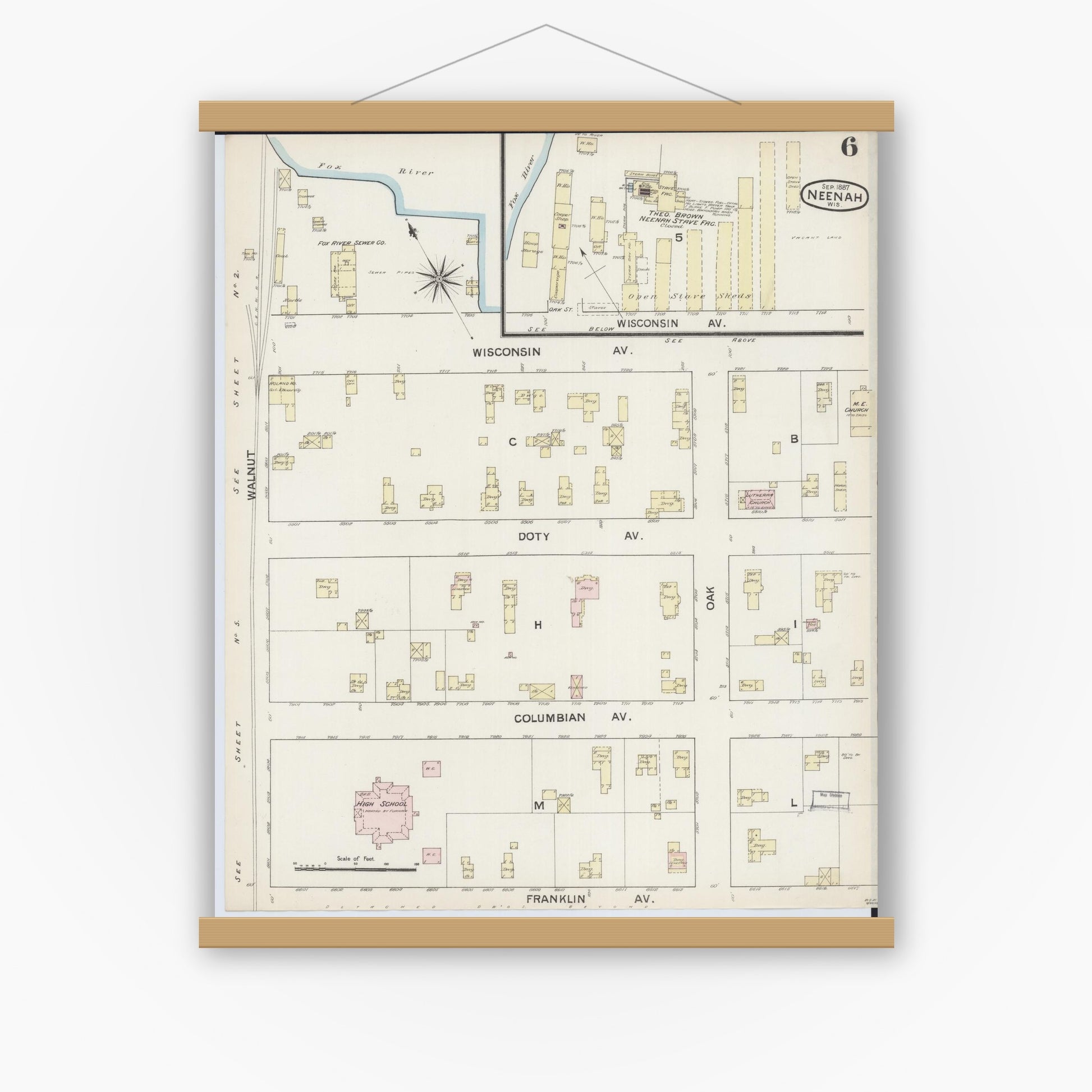 Old map wall art mockup — magnetic wood frame on white wall — Sanborn Fire Insurance Map from Neenah, Winnebago County, Wisconsin (1887), Sheet #0006