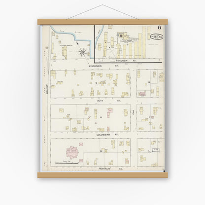 Old map wall art mockup — magnetic wood frame on white wall — Sanborn Fire Insurance Map from Neenah, Winnebago County, Wisconsin (1887), Sheet #0006