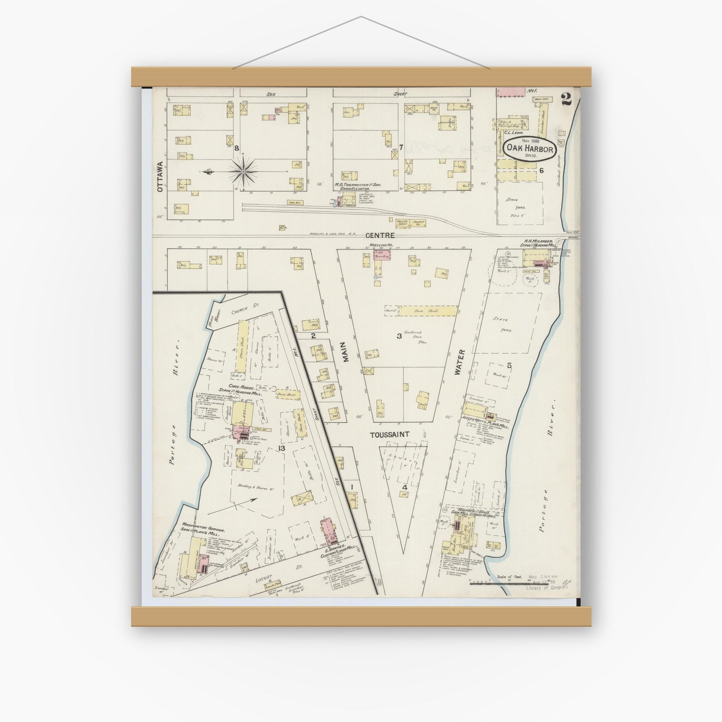 Old map wall art mockup — magnetic wood frame on white wall — Sanborn Fire Insurance Map from Oak Harbor, Ottawa County, Ohio (1888), Sheet #0002