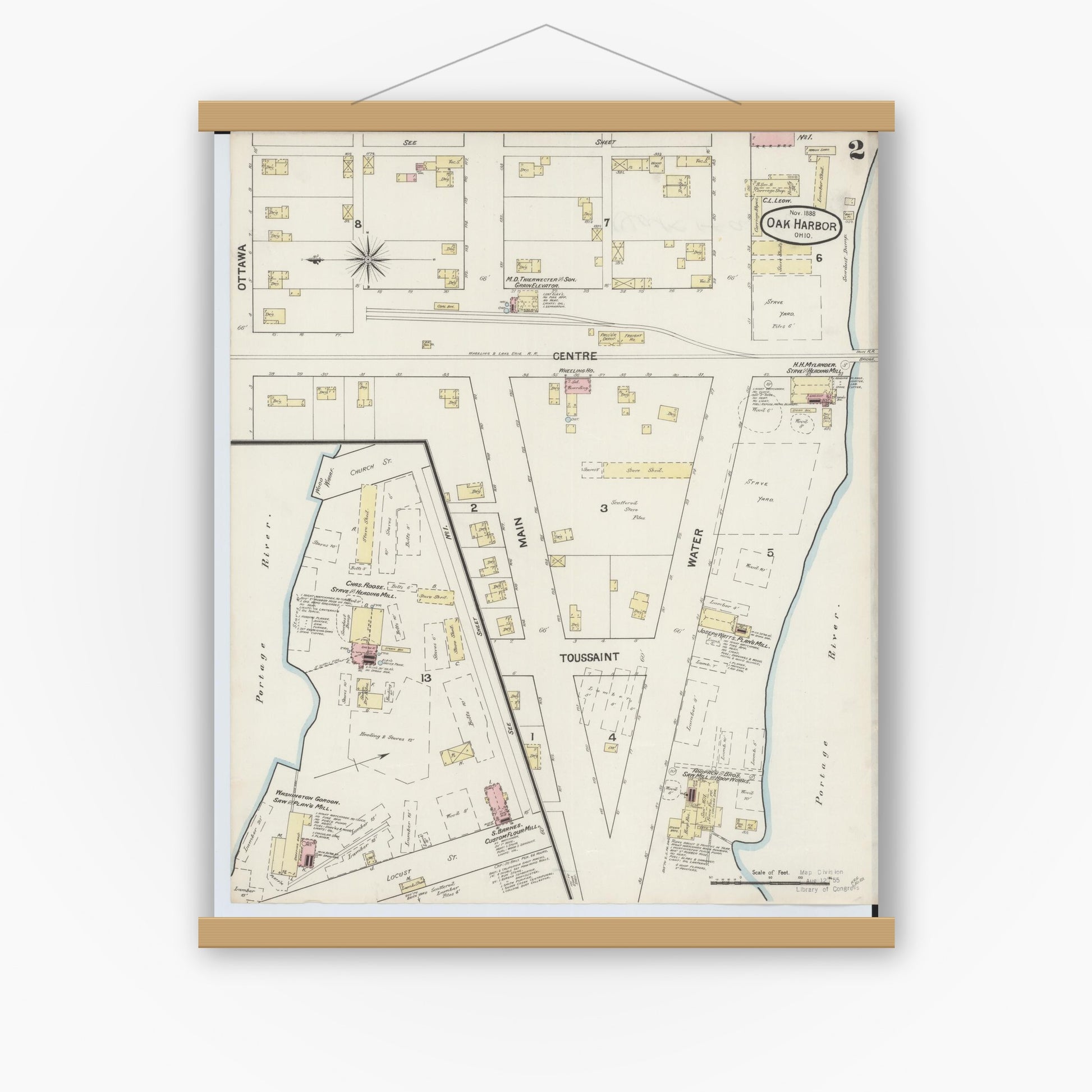 Old map wall art mockup — magnetic wood frame on white wall — Sanborn Fire Insurance Map from Oak Harbor, Ottawa County, Ohio (1888), Sheet #0002