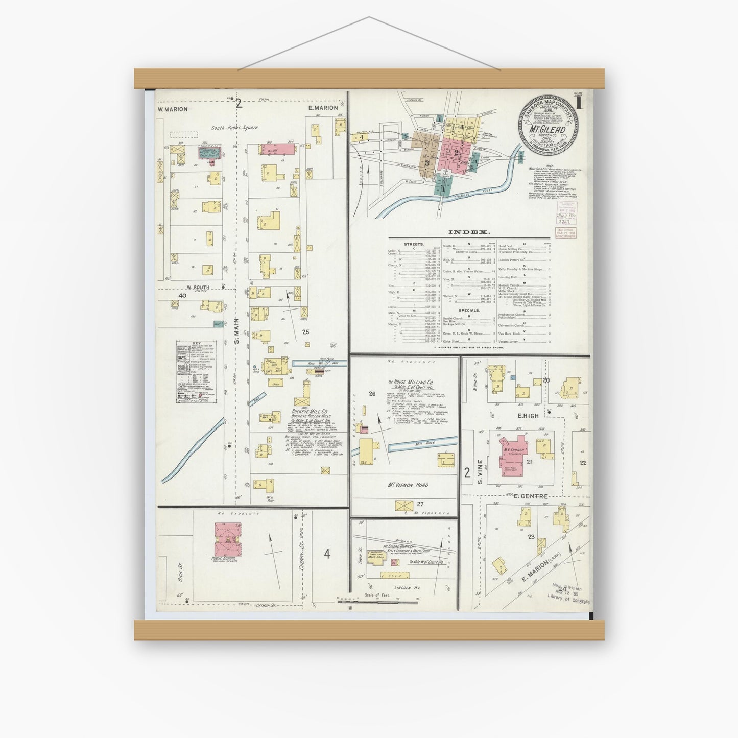 Old map wall art mockup — magnetic wood frame on white wall — Sanborn Fire Insurance Map from Mount Gilead, Morrow County, Ohio (1903), Sheet #0001
