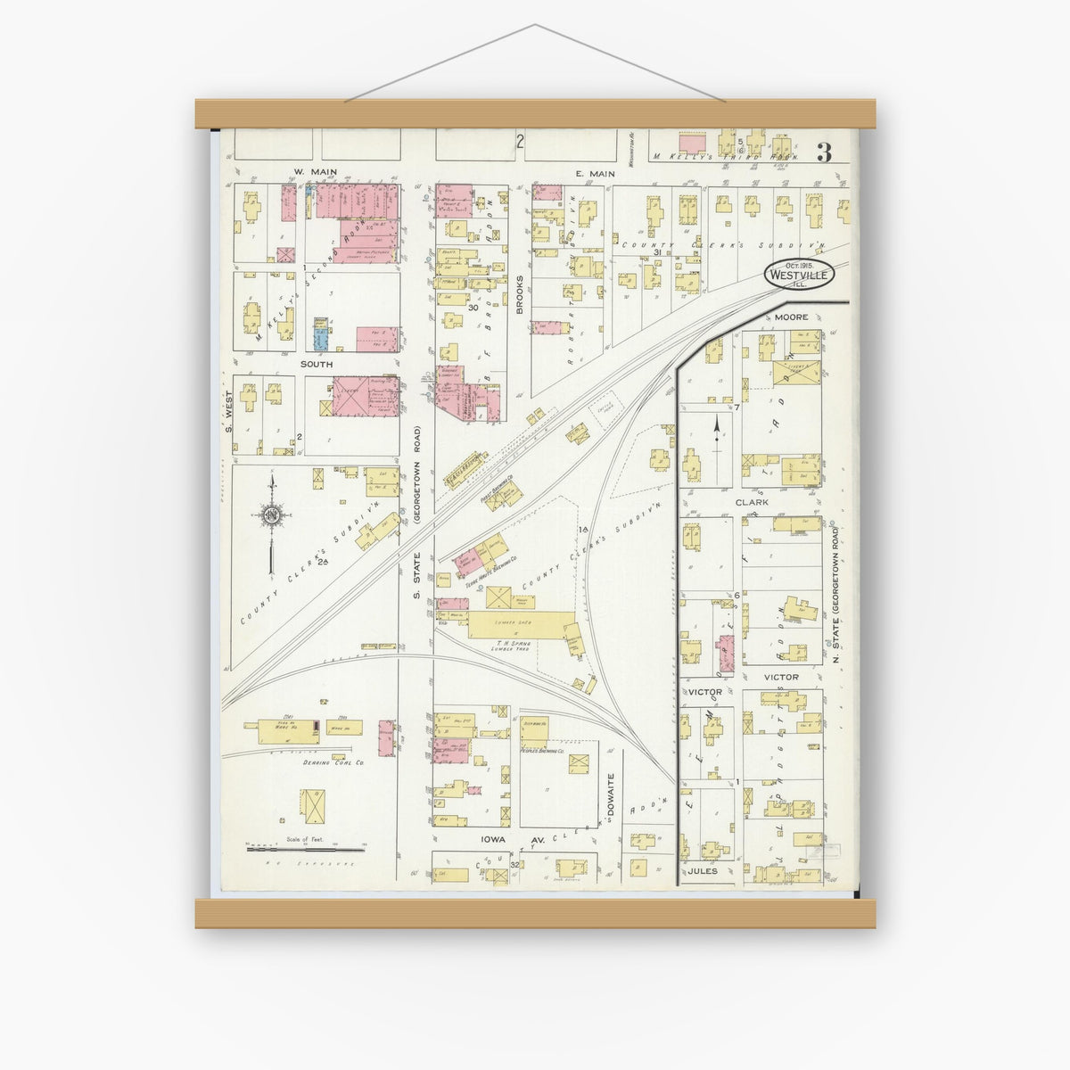 Old map wall art mockup — magnetic wood frame on white wall — Sanborn Fire Insurance Map from Westville, Vermilion County, Illinois (1915), Sheet #0003