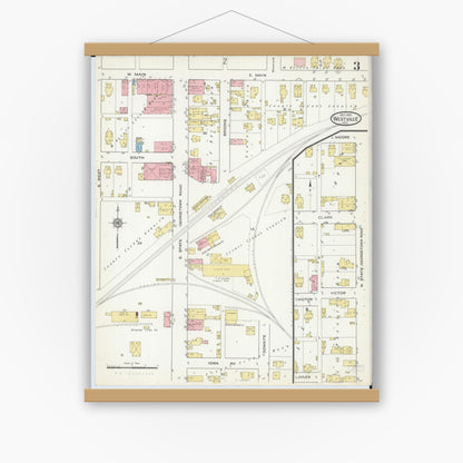 Old map wall art mockup — magnetic wood frame on white wall — Sanborn Fire Insurance Map from Westville, Vermilion County, Illinois (1915), Sheet #0003