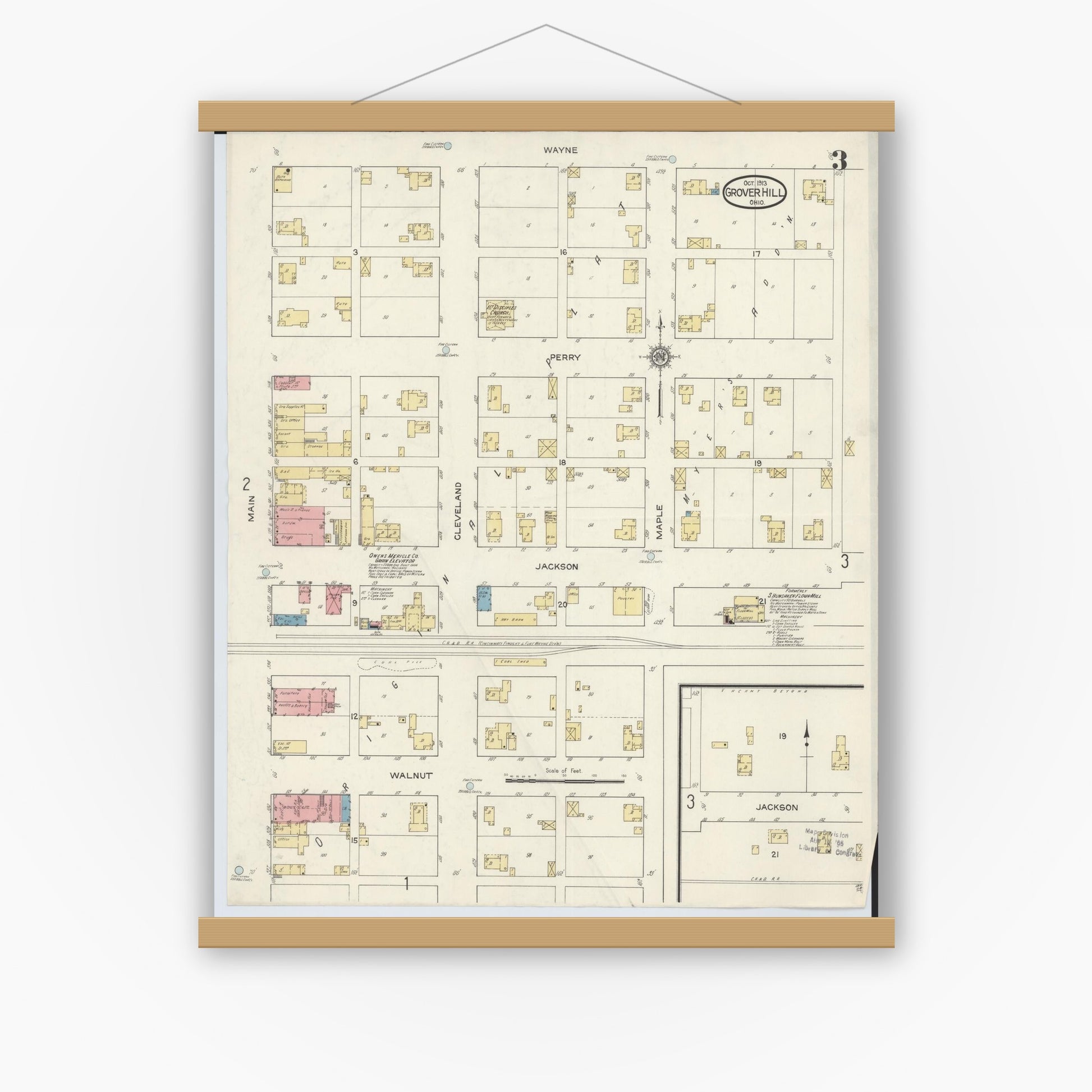 Old map wall art mockup — magnetic wood frame on white wall — Sanborn Fire Insurance Map from Grover Hill, Paulding County, Ohio (1913), Sheet #0003
