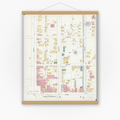 Old map wall art mockup — magnetic wood frame on white wall — Sanborn Fire Insurance Map from Urbana, Champaign County, Ohio (1901), Sheet #0007