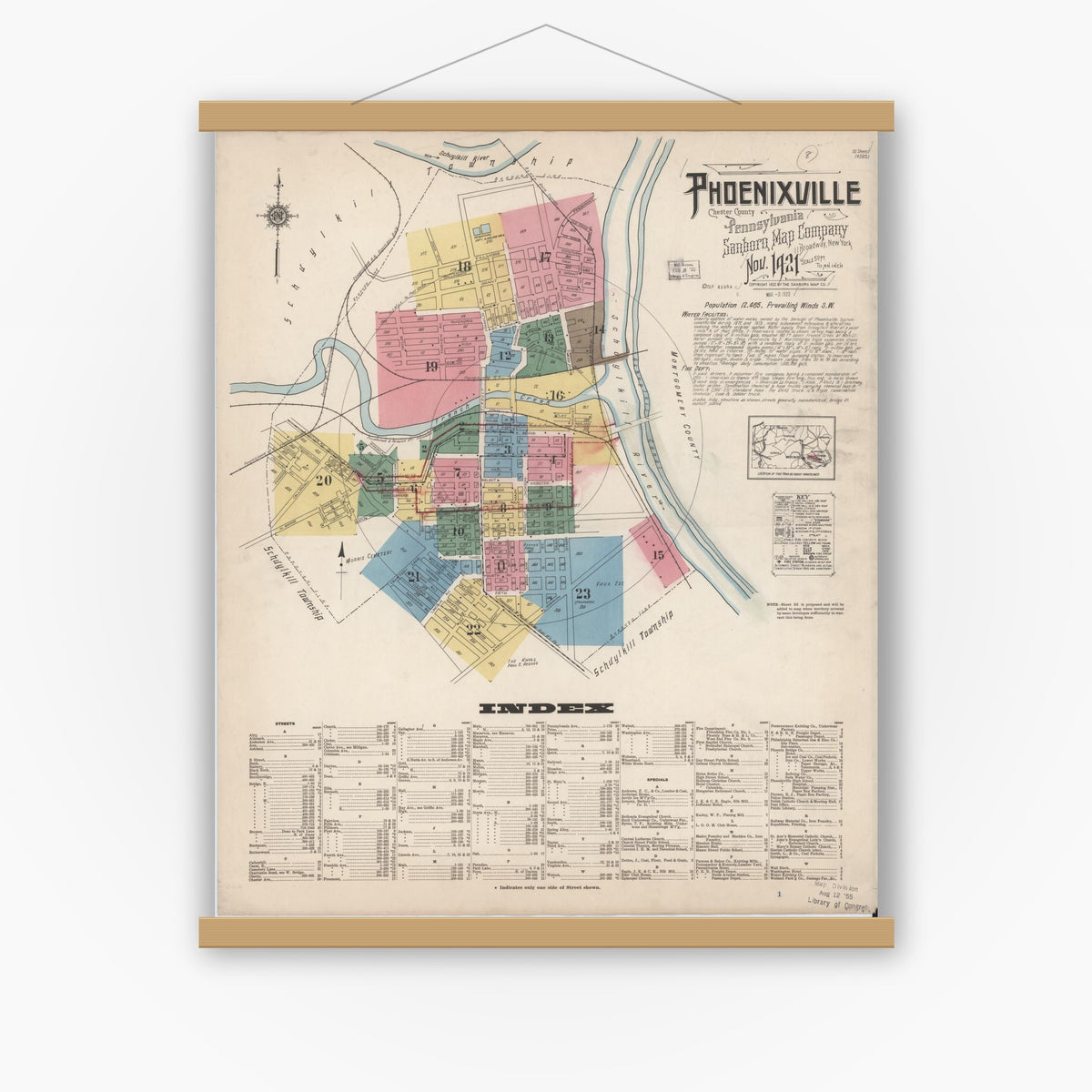 Old map wall art mockup — magnetic wood frame on white wall — Sanborn Fire Insurance Map from Phoenixville, Chester County, Pennsylvania (1921) - Complete Map Set