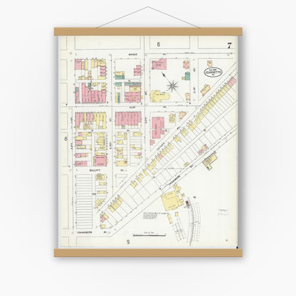 Old map wall art mockup — magnetic wood frame on white wall — Sanborn Fire Insurance Map from Jeannette, Westmoreland County, Pennsylvania (1905), Sheet #0007