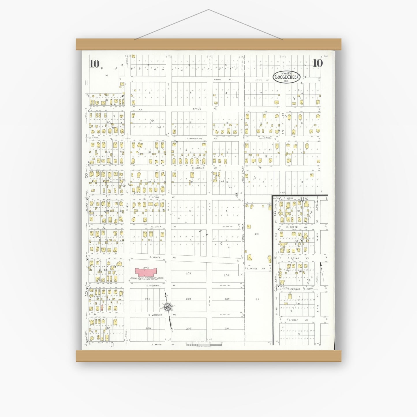 Old map wall art mockup — magnetic wood frame on white wall — Sanborn Fire Insurance Map from Goose Creek, Harris County, Texas (1931), Sheet #0010