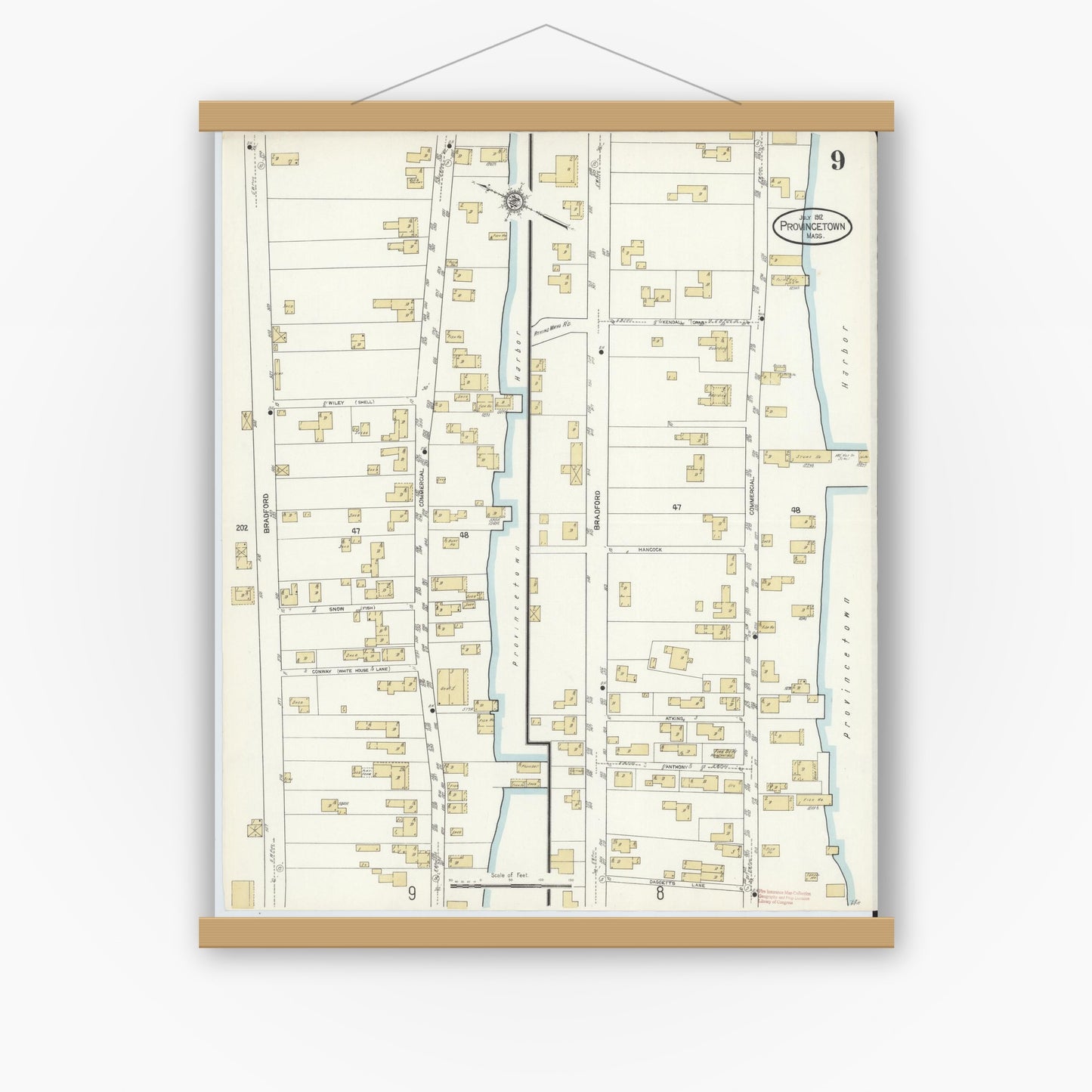 Old map wall art mockup — magnetic wood frame on white wall — Sanborn Fire Insurance Map from Provincetown, Barnstable County, Massachusetts (1912), Sheet #0009