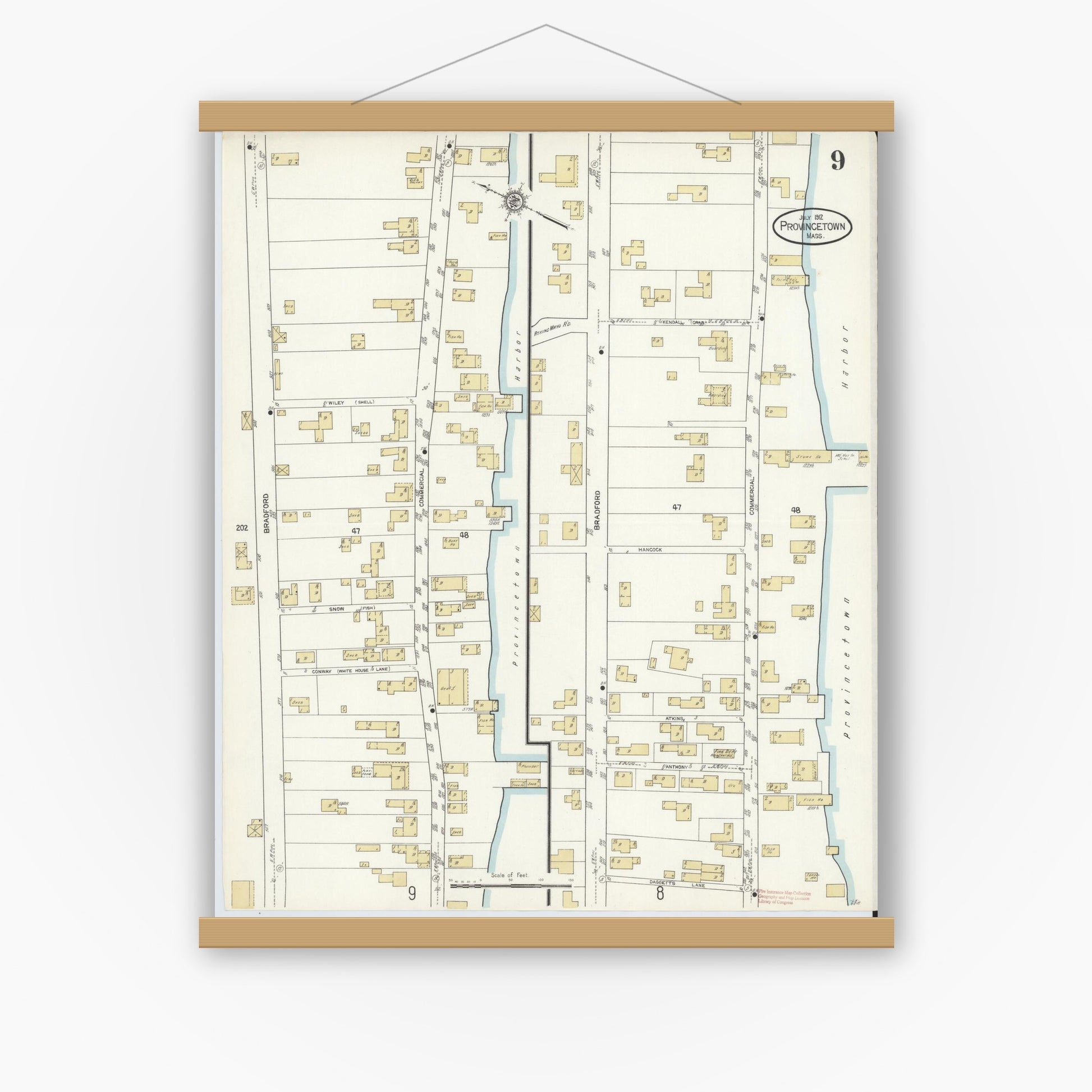 Old map wall art mockup — magnetic wood frame on white wall — Sanborn Fire Insurance Map from Provincetown, Barnstable County, Massachusetts (1912), Sheet #0009