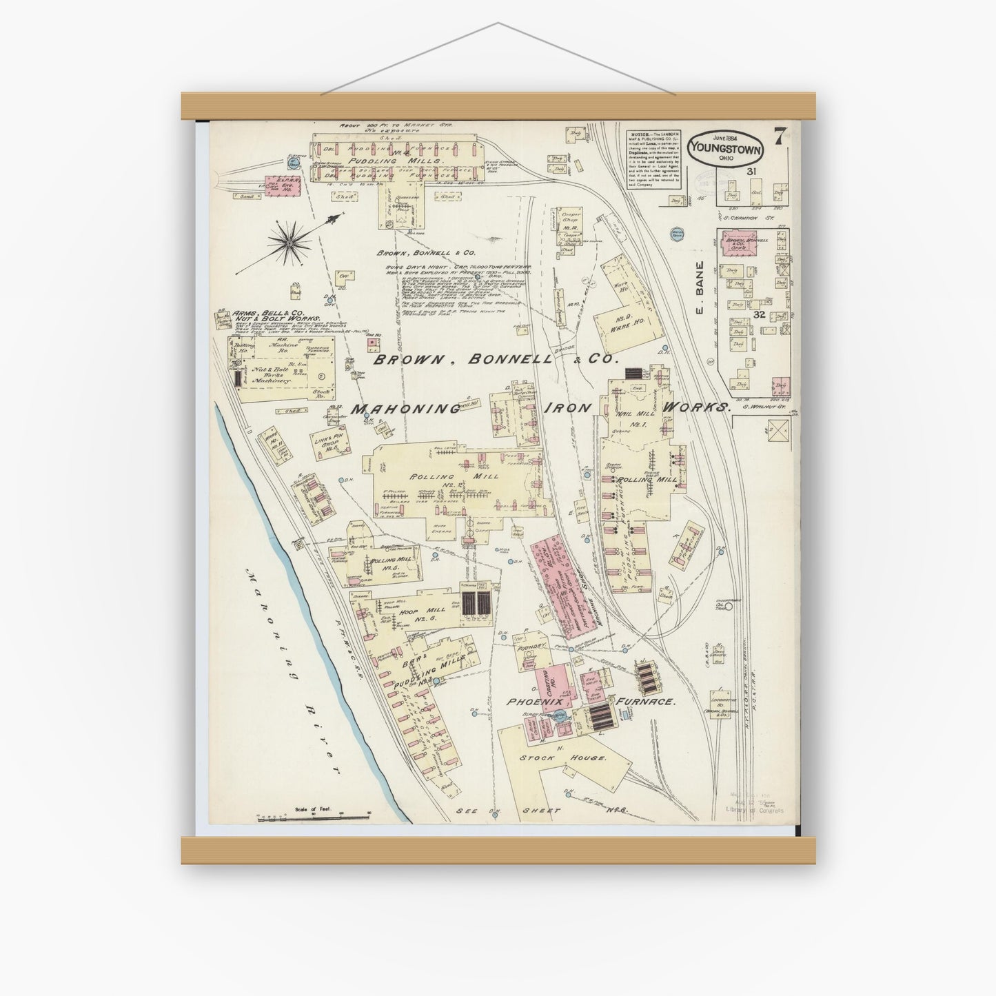 Old map wall art mockup — magnetic wood frame on white wall — Sanborn Fire Insurance Map from Youngstown, Mahoning County, Ohio (1884), Sheet #0007